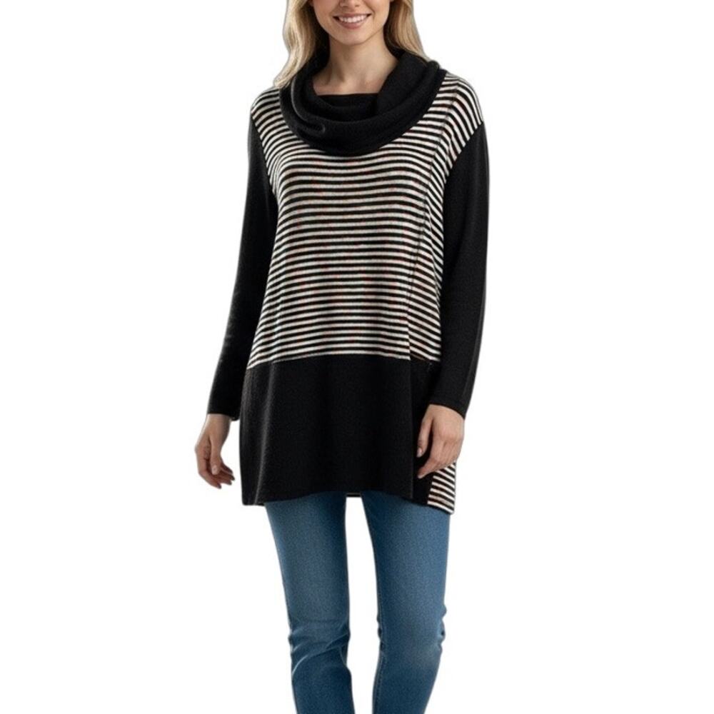 Ali Miles Rainbow Striped Cowl Neck Tunic Sweater